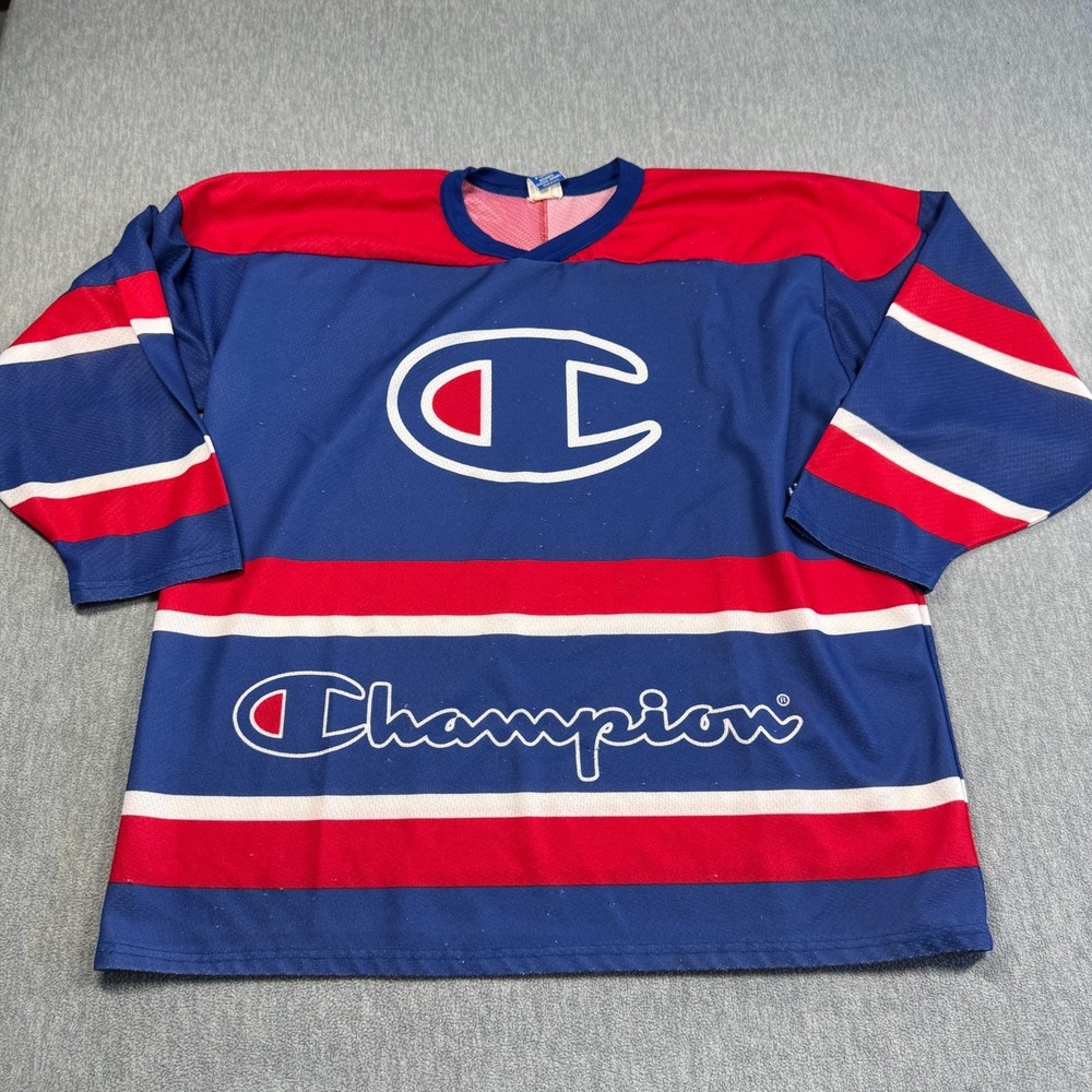 Champion Jersey Men XL Blue Red Striped Spell Out V-Neck Hockey Mesh VTG USA